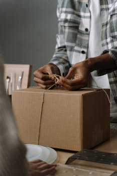 Close-up of hands tying twine on a cardboard box indoors. Perfect for shipping or gift themes.